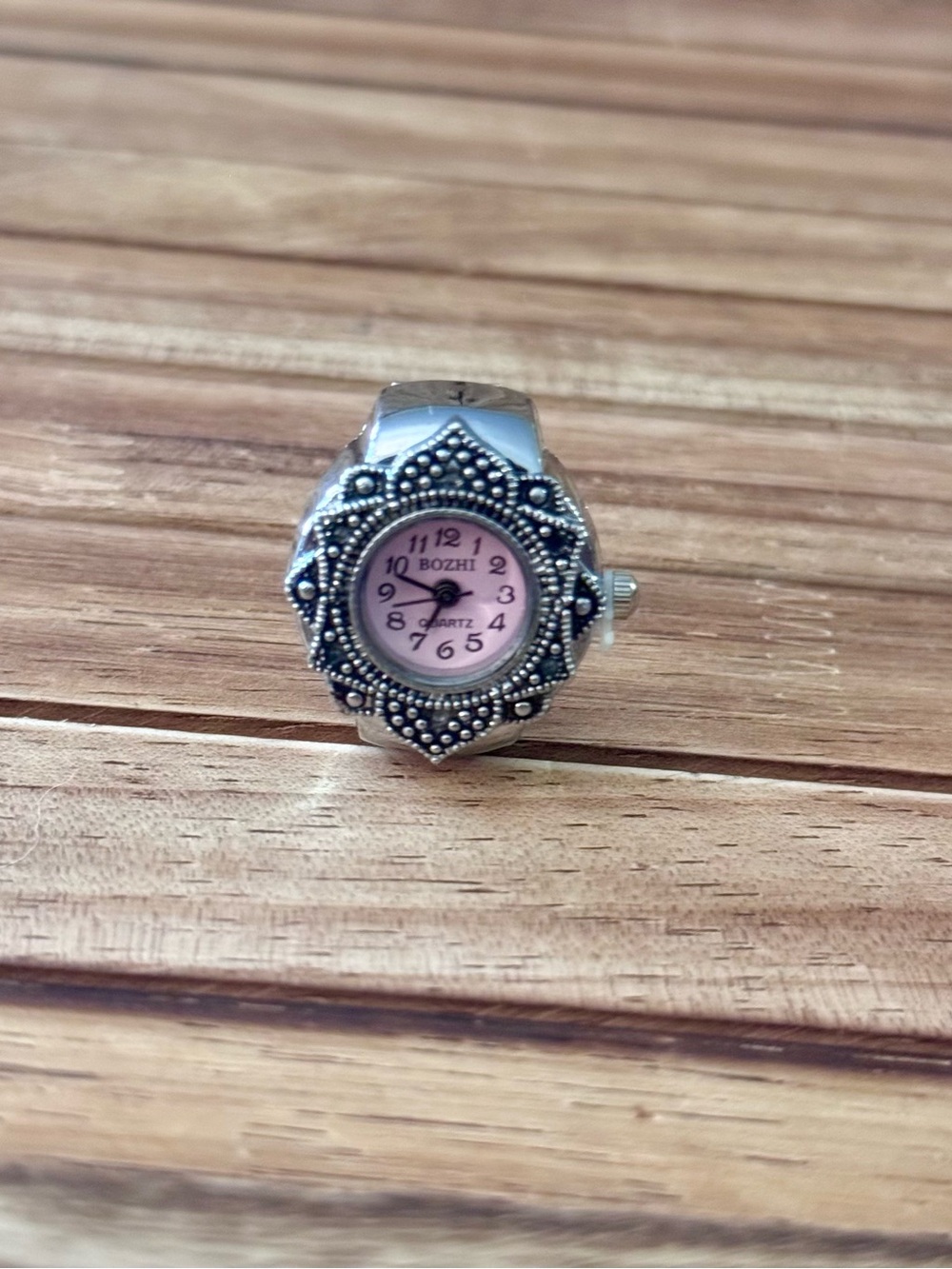 Silver-Tone Pink Dial Floral Ring Watch